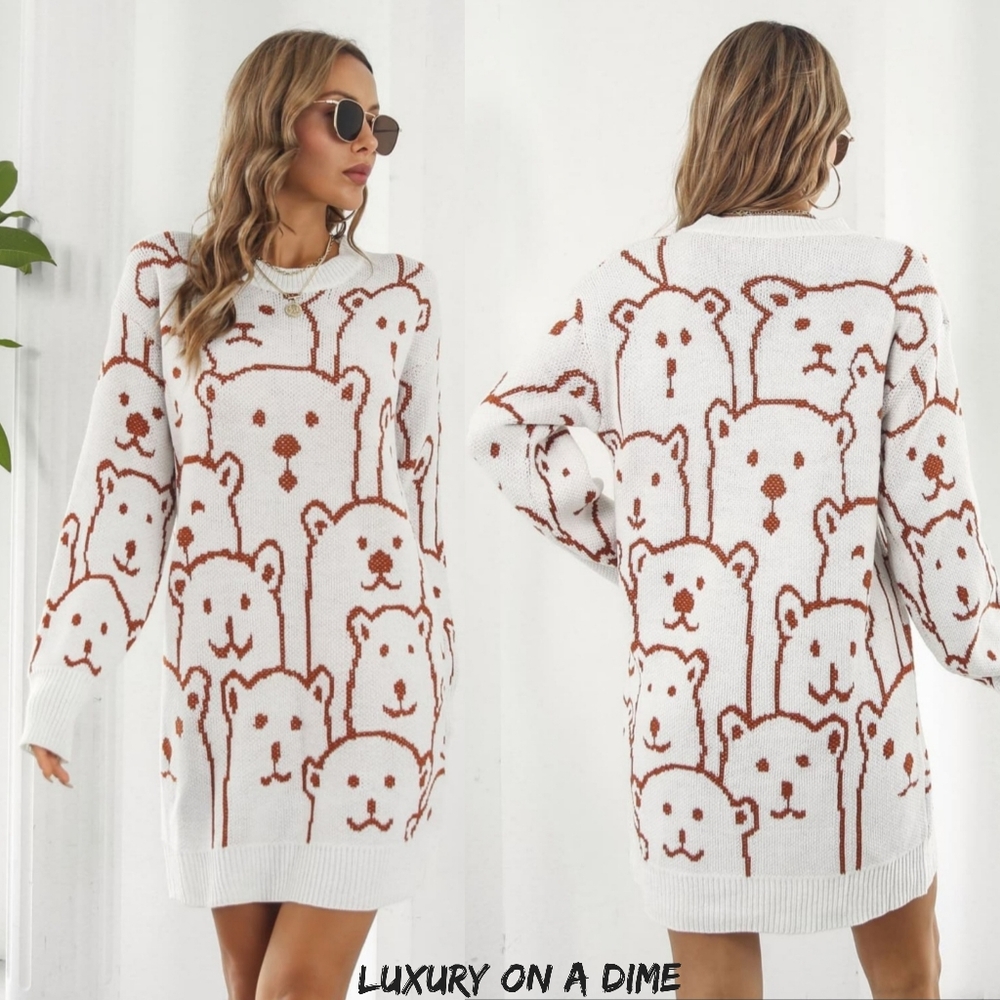 Polar Bear Round Neck Cozy Knit Long Sleeve Oversized Mini Sweater Dress White - Picture 2 of 11
